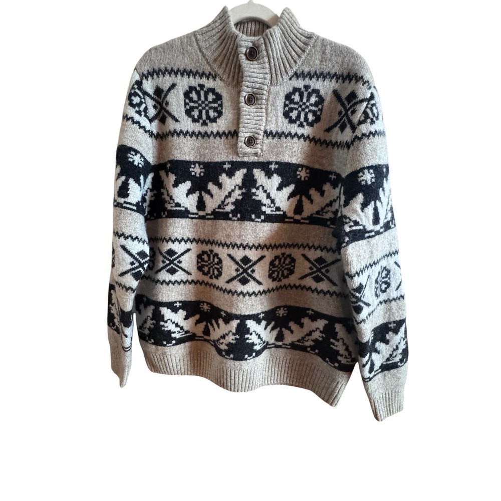 Duluth Trading Co Men's Large Beige Black Fair Isle Henley Shetland Wool Sweater